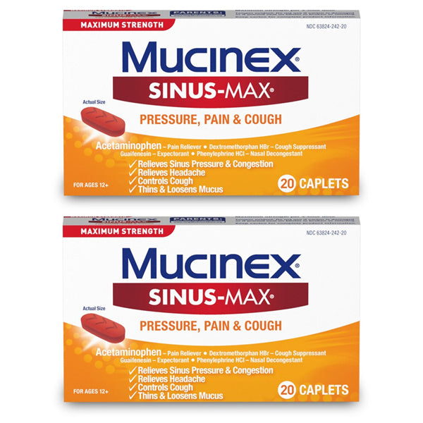 Mucinex 2 Pack Sinus-Max for Pressure, Pain & Cough (20 count each) provides triple action relief for ages 12+, targeting sinus pressure, pain, cough, congestion, and headache.